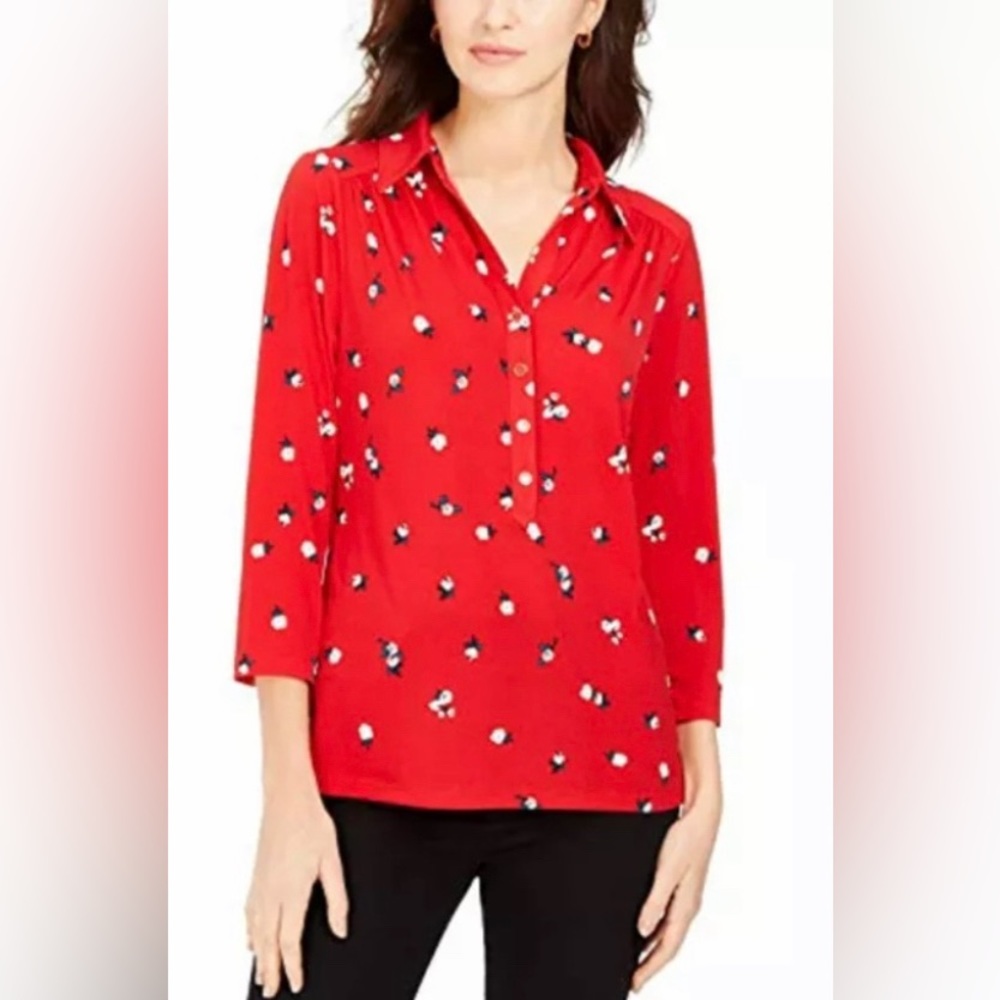 Charter Club Womens 3/4 Sleeve Printed Polo Top Red Size S